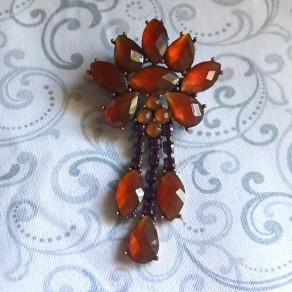 Amber Bronze Tone Flower Brooch - Picture 1 of 5